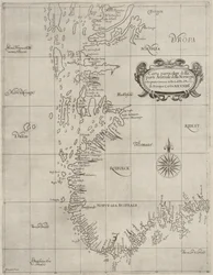 Mapa z mapové sbírky Národní knihovny. Mapa byla vydána v (cca 1647) a zobrazuje jižní Norsko, pobřeží, námořní mapu